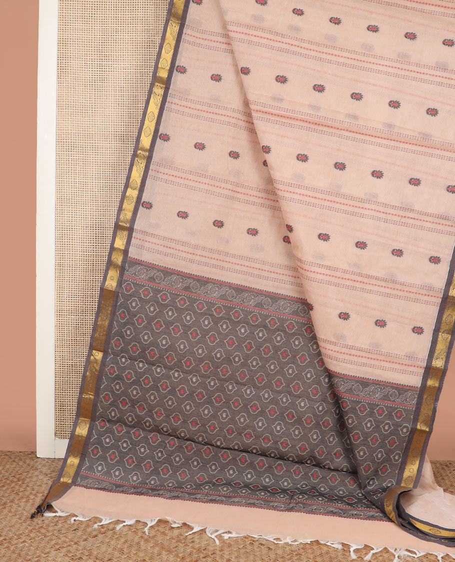 Sandal dotted and buttas kanchi cotton saree, contrast zari border, and unqiue motif pallu