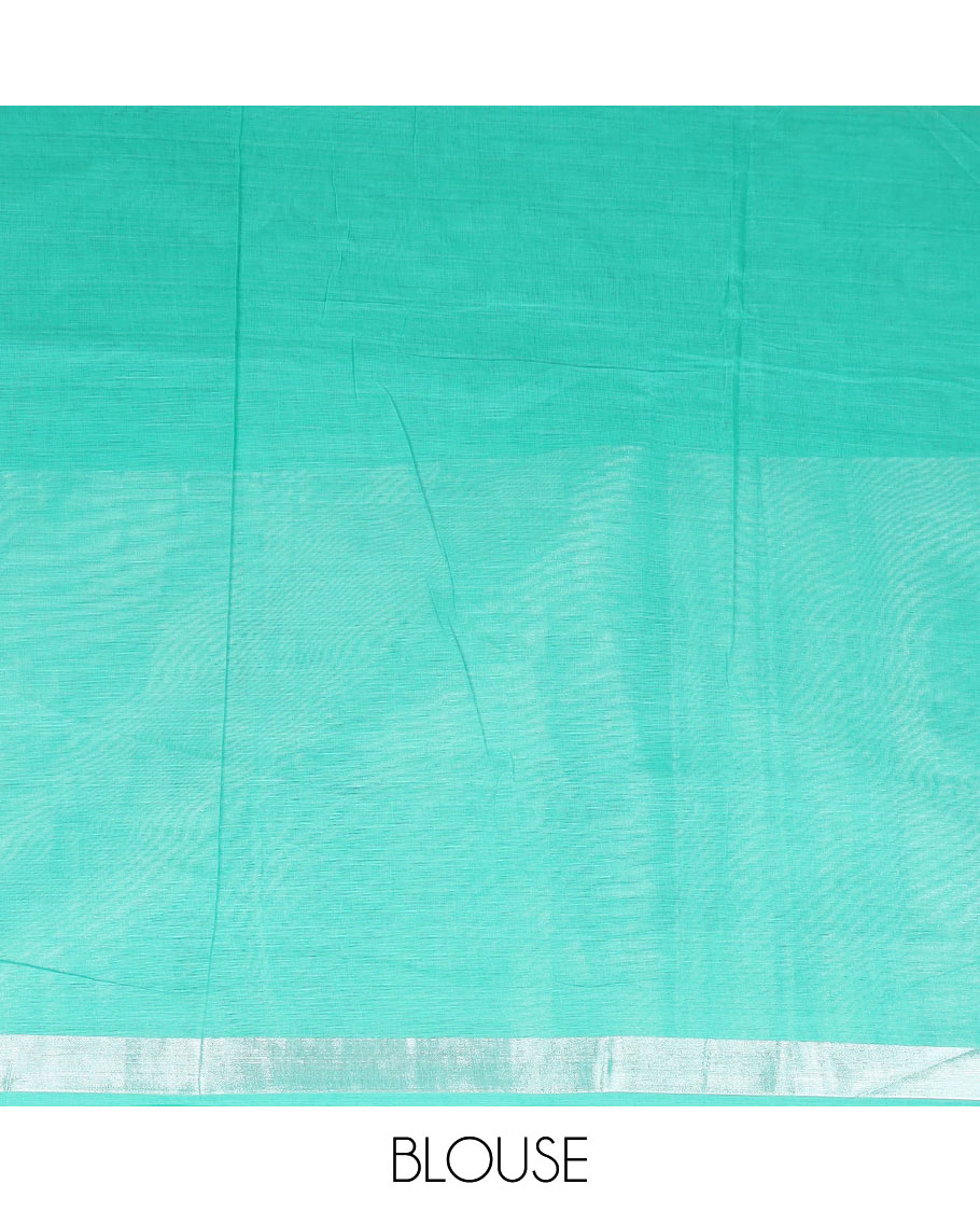 Turquoise floral printed Andhra cotton saree, zari border of dancing woman motifs print, and printed pallu