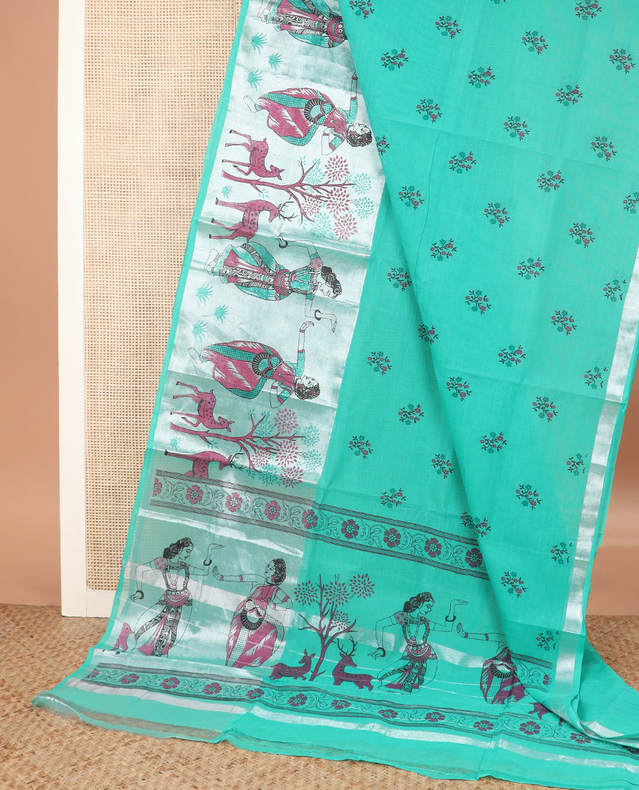 Turquoise floral printed Andhra cotton saree, zari border of dancing woman motifs print, and printed pallu