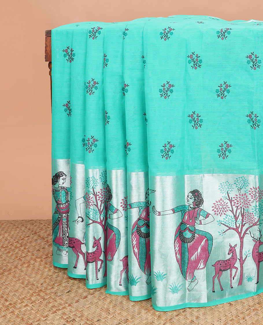 Turquoise floral printed Andhra cotton saree, zari border of dancing woman motifs print, and printed pallu