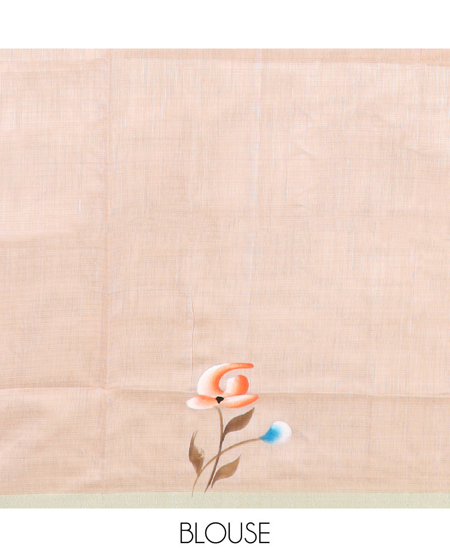 Green hand brush painting style floral motifs printed chirala cotton saree, plain border, and contrast floral printed pallu