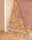 Terracotta batik floral printed Kalamkari cotton saree, contrast border, and pallu of peacock and floral designs