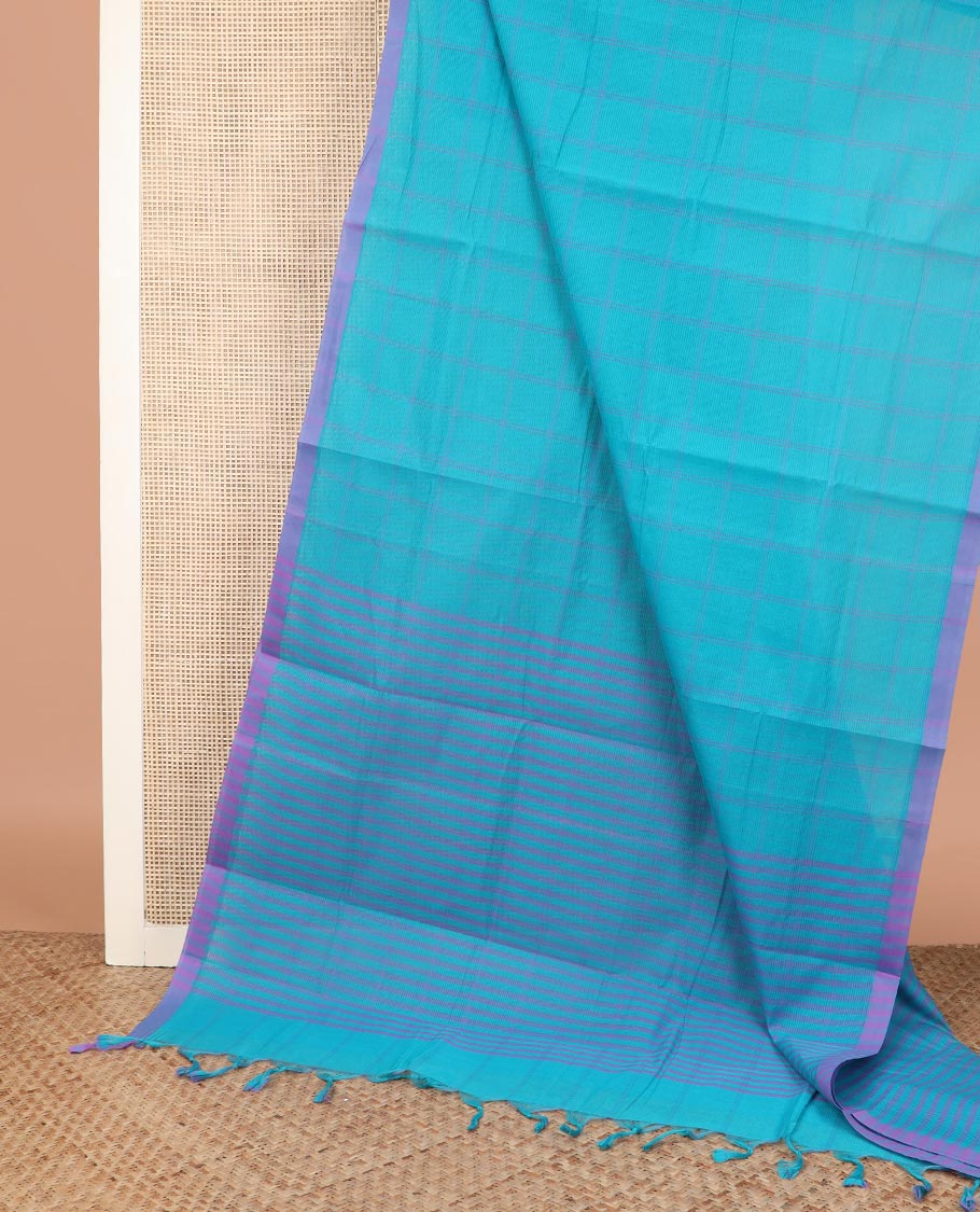 Blue checked Mangalgiri cotton saree, striped border, striped pallu, and contrast floral printed blouse