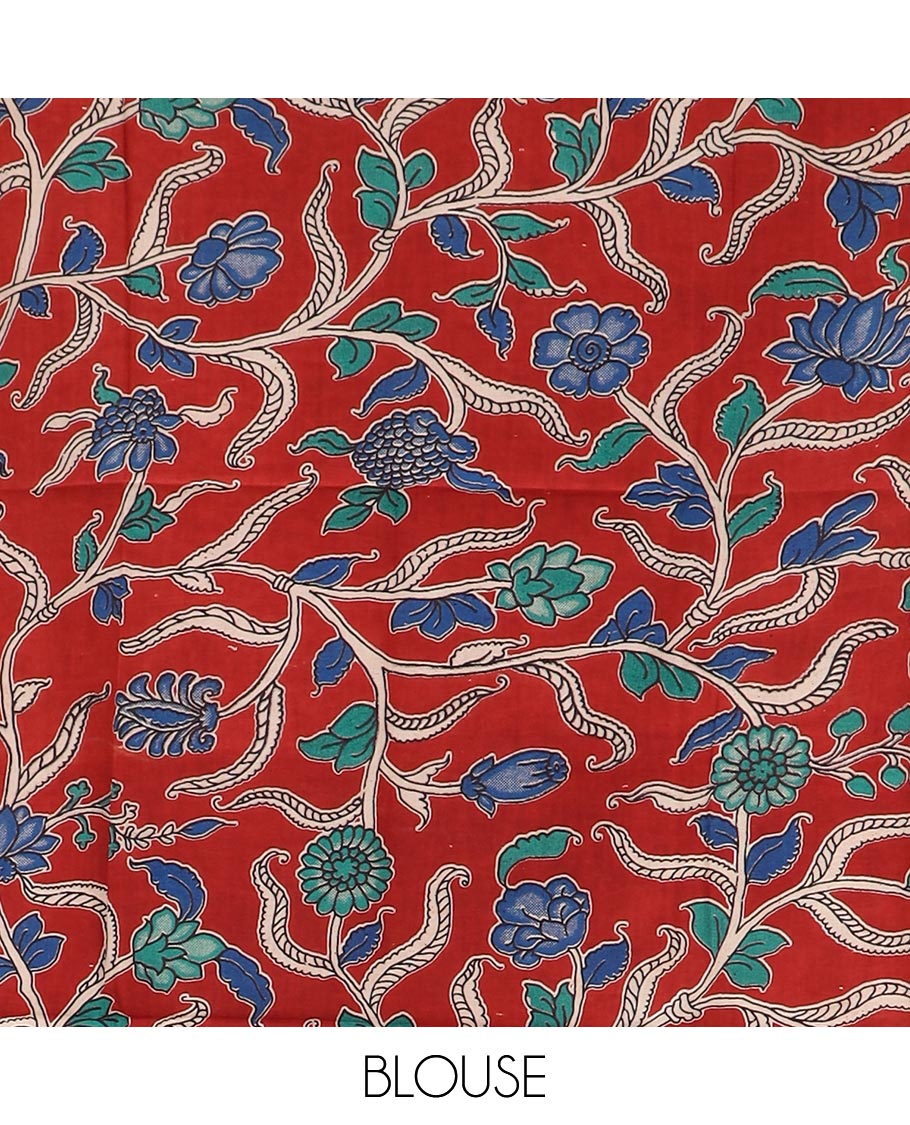 Blue checked Mangalgiri cotton saree, striped border, striped pallu, and contrast floral printed blouse