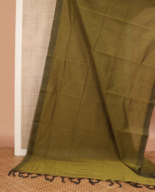 Green striped chirala cotton saree, plain border, and contrast floral and leaf printed blouse