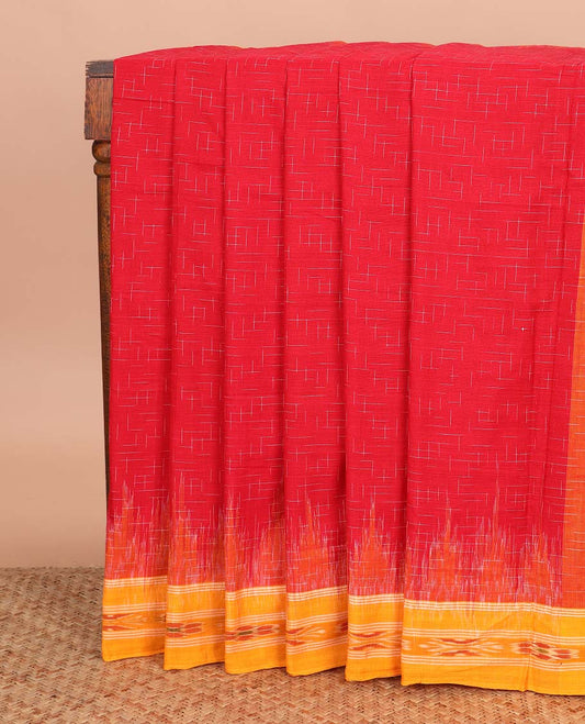Red geometric maze style ikkat cotton saree, contrast ikkat border, and pallu of ikkat weave