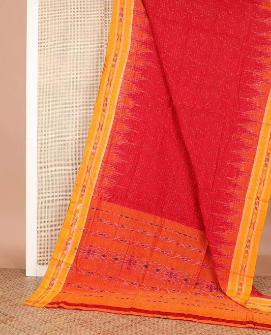 Red geometric maze style ikkat cotton saree, contrast ikkat border, and pallu of ikkat weave