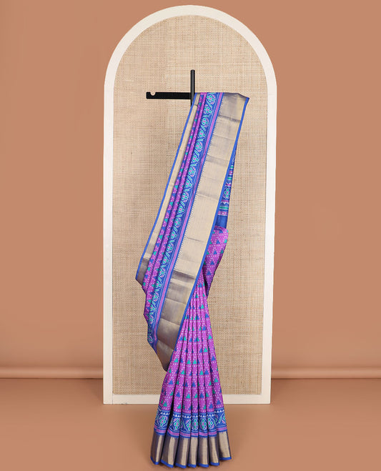 Pink triangle motifs patola silk saree, contrast temple zari border of floral creeper designs, and pallu of floral designs