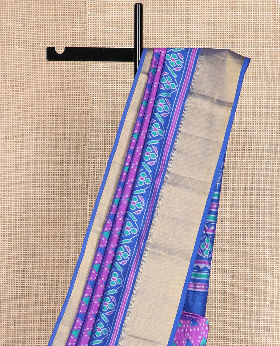 Pink triangle motifs patola silk saree, contrast temple zari border of floral creeper designs, and pallu of floral designs