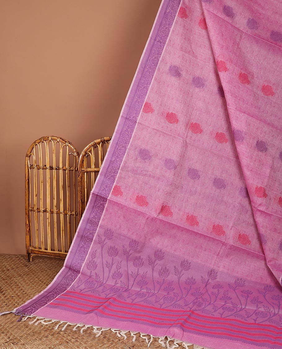 Pink floral printed Coimbatore cotton saree, floral printed border & floral printed pallu