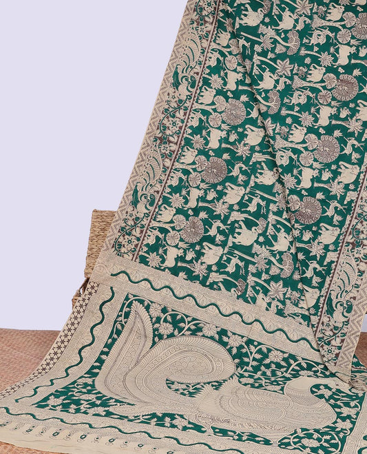 Green forest theme design machine-printed kalamkari cotton saree with contrast floral design border & peacock , floral design pallu
