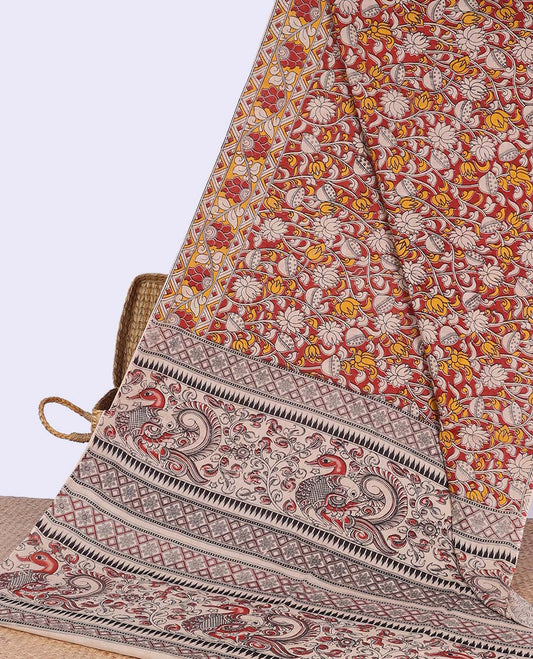 Multi-colored floral vine design machine-printed kalamkari cotton saree with self floral border & geometric , animal design pallu