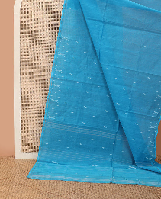 Borderless sky blue buttas bengal cotton saree, self-pallu of stripes & buttas