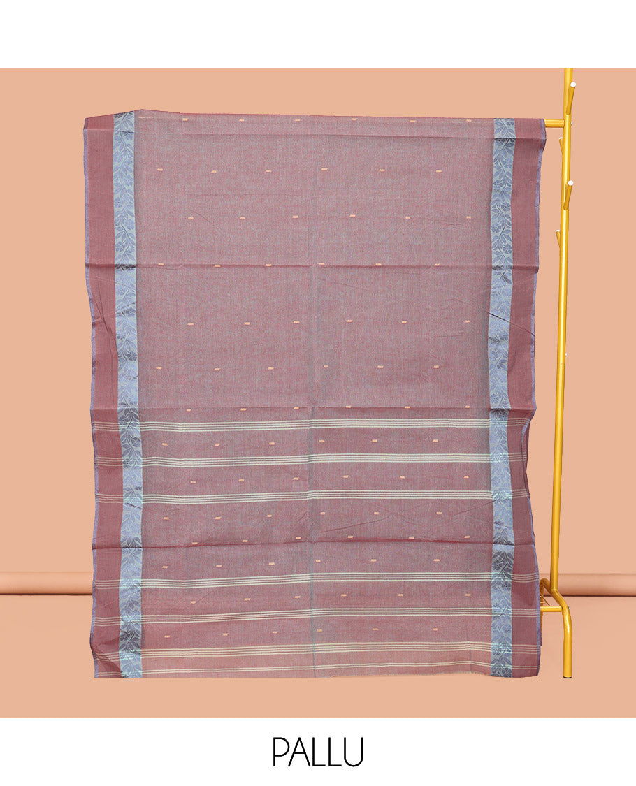 Brown Bengal Cotton Saree, Woven with Buttas, a Floral Creeper Border, a Pallu of Stripes and Buttas, and a Matching Blouse