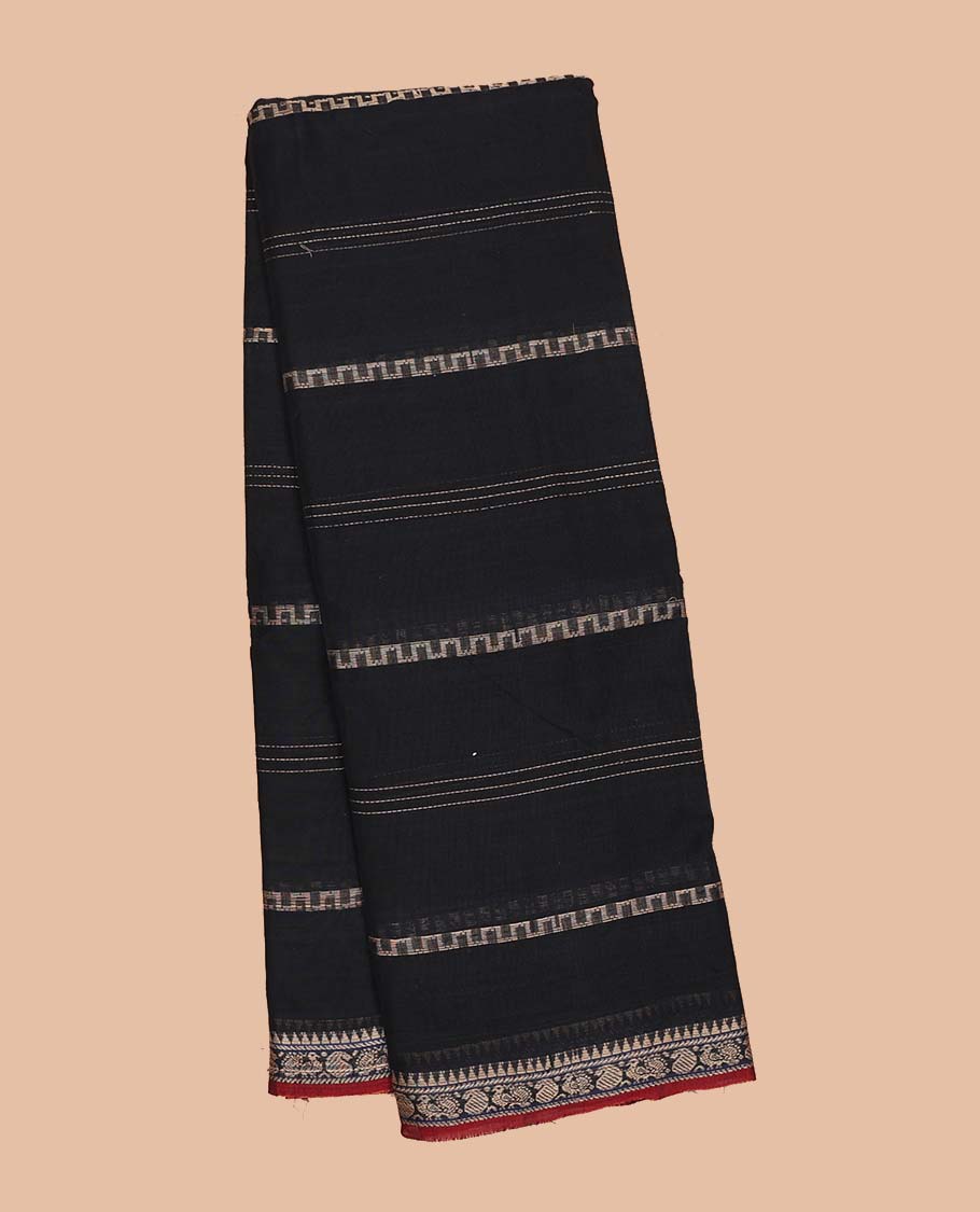 Black unique striped Narayanapet cotton saree, contrast traditional design border & striped pallu