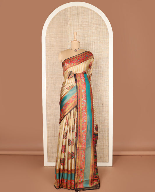 Sandal lehariya-style and round buttas printed dola silk saree, contrast kaleidoscopic-colored intricate pallu