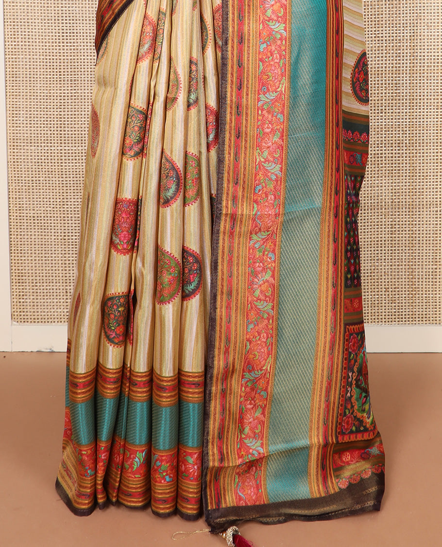 Sandal lehariya-style and round buttas printed dola silk saree, contrast kaleidoscopic-colored intricate pallu