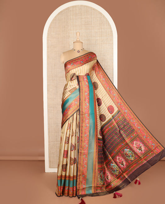 Sandal lehariya-style and round buttas printed dola silk saree, contrast kaleidoscopic-colored intricate pallu