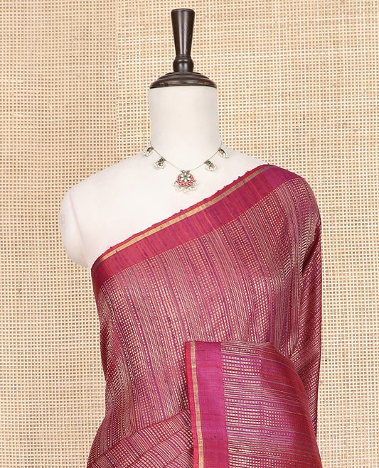 Magenta Dupion Silk Saree Beautified with Geometric Patterns All Over Its Body, Subtly Self-Border, Pallu of Temple Designs, and Paired with a Matching Blouse