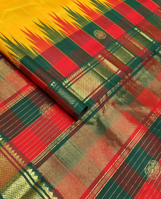 Yellow zari buttas kanchipuram silk saree, contrast one-sided checked thazampoo rekku round mayil zari border & zari woven pallu