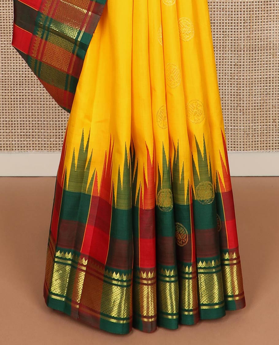 Yellow zari buttas kanchipuram silk saree, contrast one-sided checked thazampoo rekku round mayil zari border & zari woven pallu