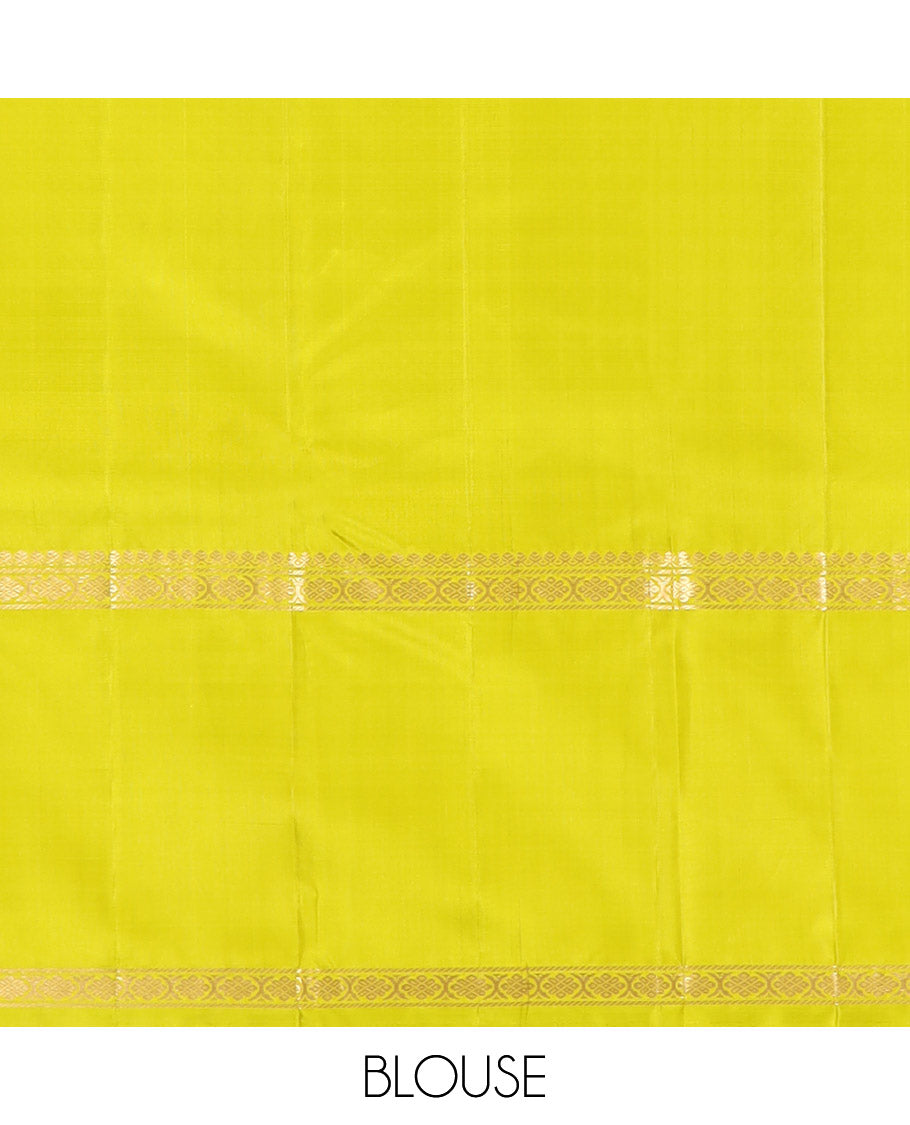 Blue Kanchipuram Silk Saree, Sparsely Sparkled with Muthu Stripes and Jhumka Buttas All Over Its Body, Complemented by a Contrast Rettai Pettu Border of Thilakam Mokku, and Laddu Kamalam Designs, Subtly Sparkled Pallu, and Paired with a Contrast Blouse