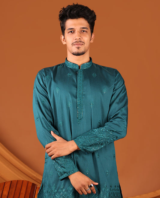 Peacock Blue Sequins and Thread Intricately Embroidered Full-Sleeved Men's Kurta