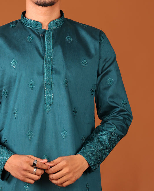 Peacock Blue Sequins and Thread Intricately Embroidered Full-Sleeved Men's Kurta