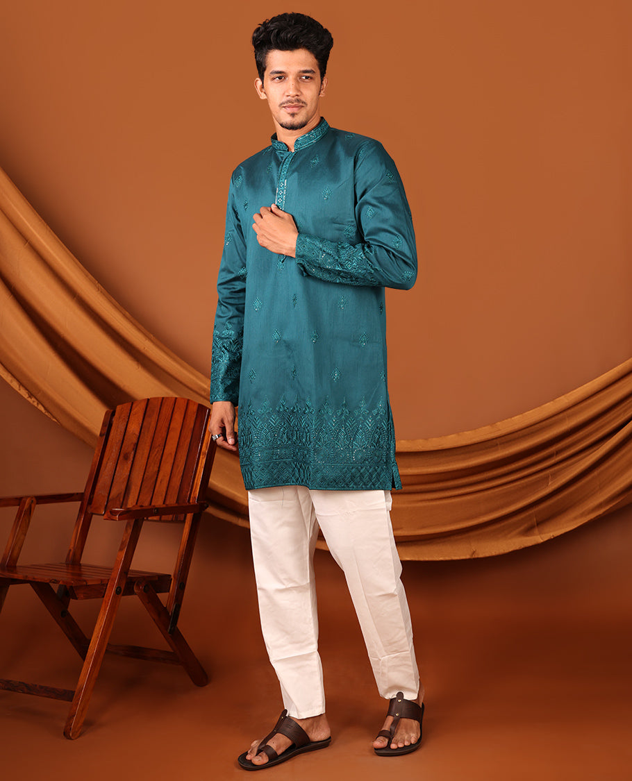 Peacock Blue Sequins and Thread Intricately Embroidered Full-Sleeved Men's Kurta