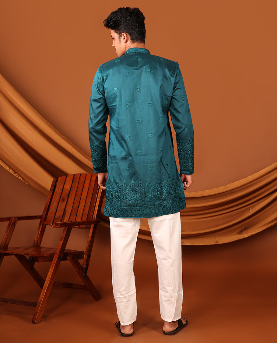 Peacock Blue Sequins and Thread Intricately Embroidered Full-Sleeved Men's Kurta