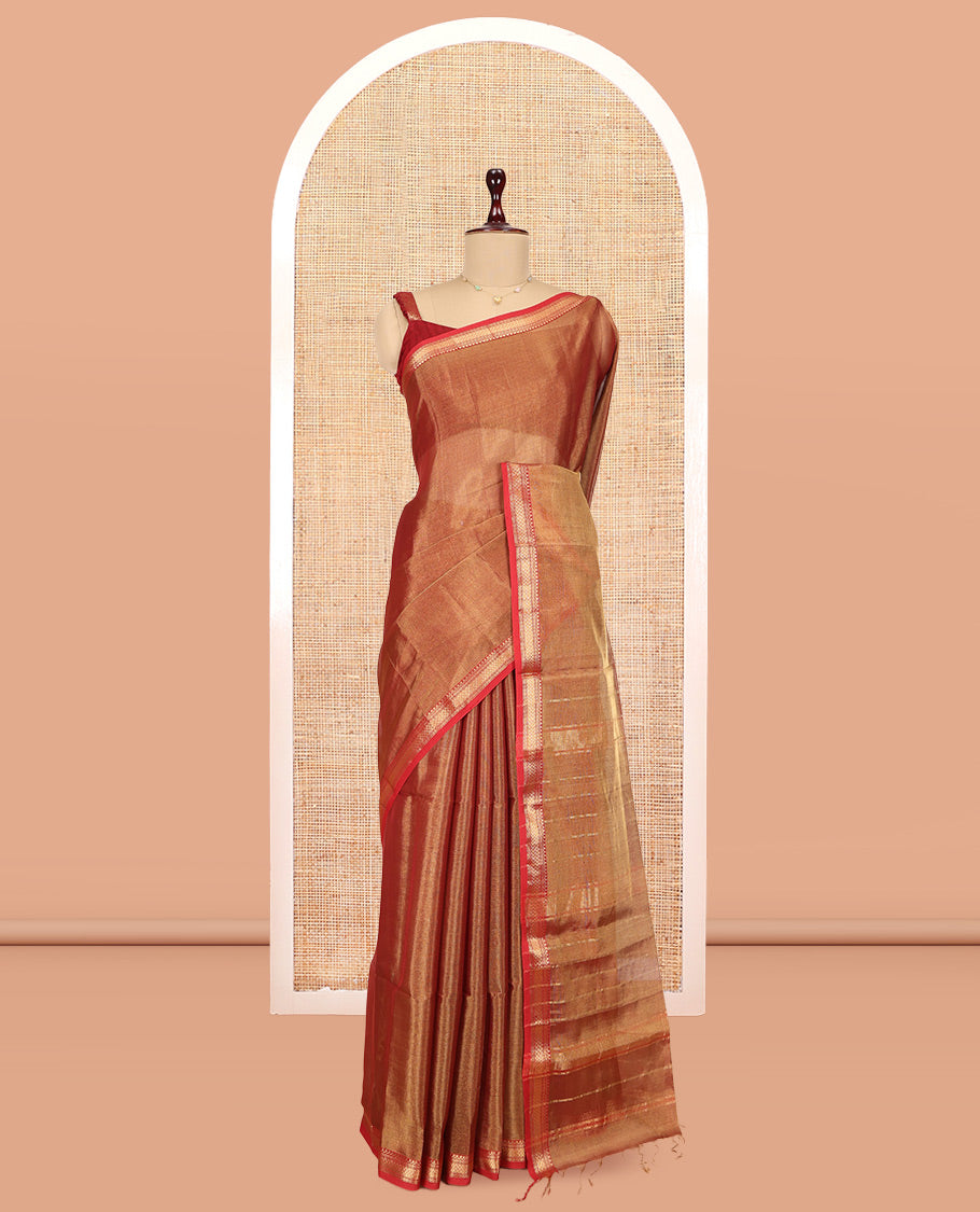 Gleaming Rust Plain Tissue-Weave Maheshwari Cotton Saree