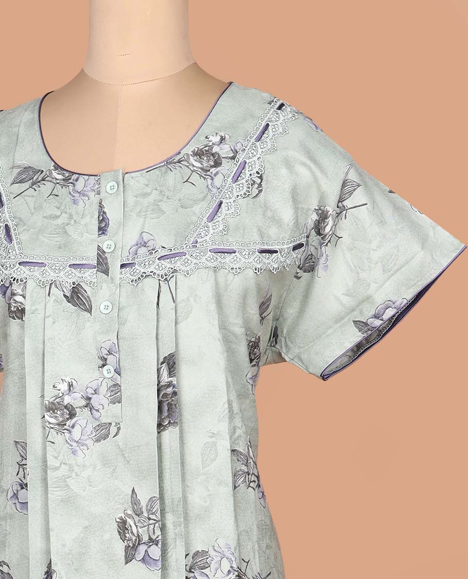 Pastel green floral printed with lace embroidered half-sleeve round neck cotton nighty
