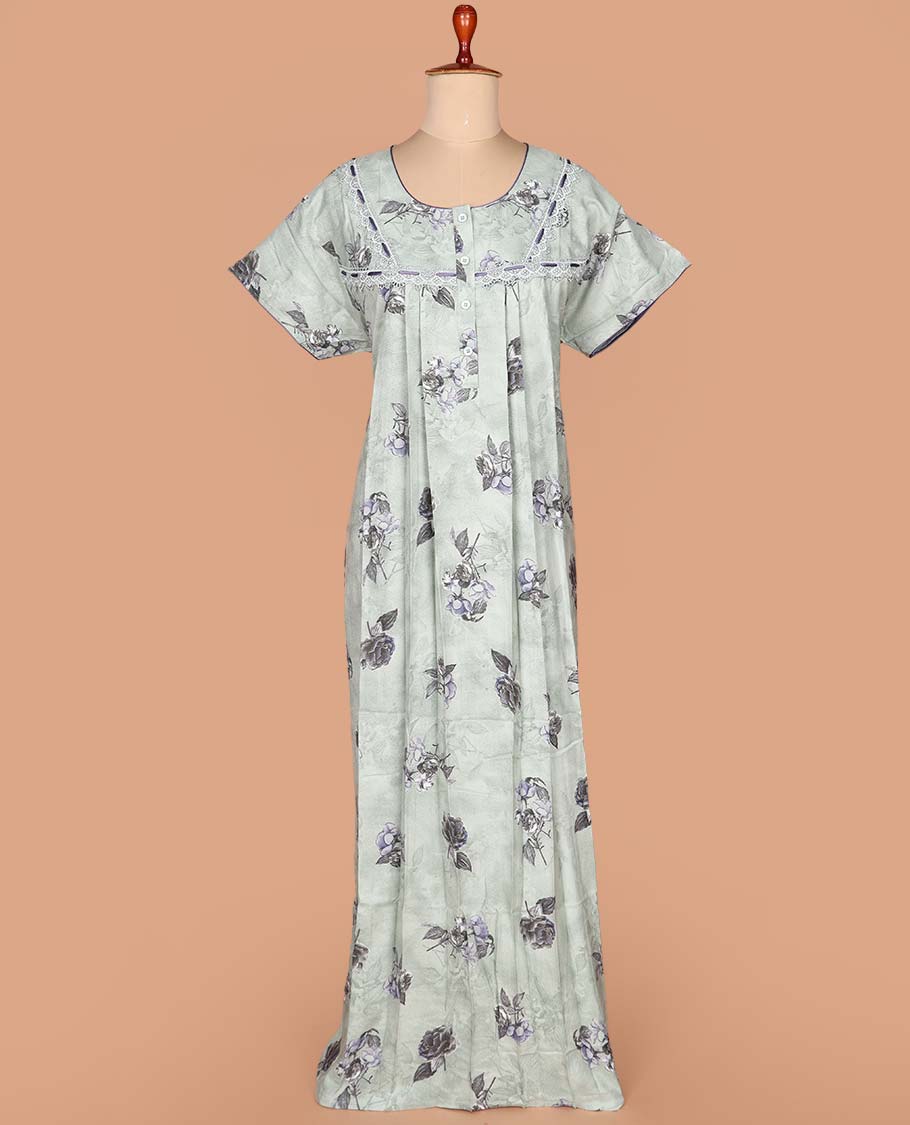 Pastel green floral printed with lace embroidered half-sleeve round neck cotton nighty