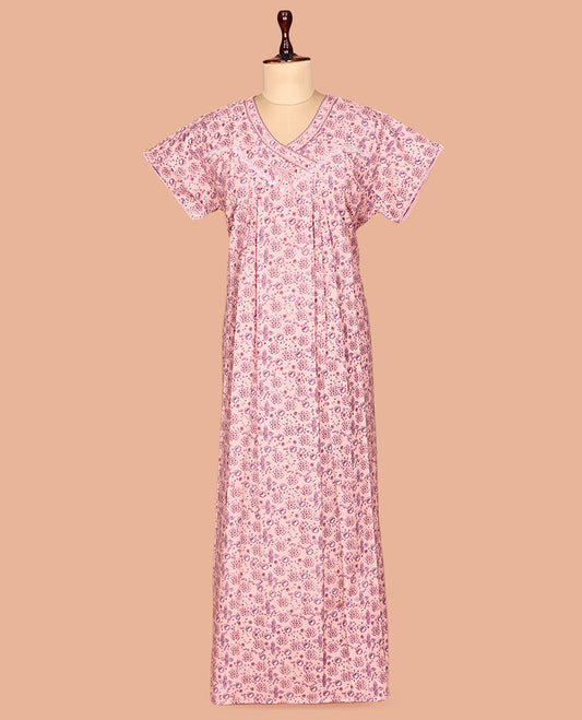 Pink V Neck Cotton-Blended Nighty