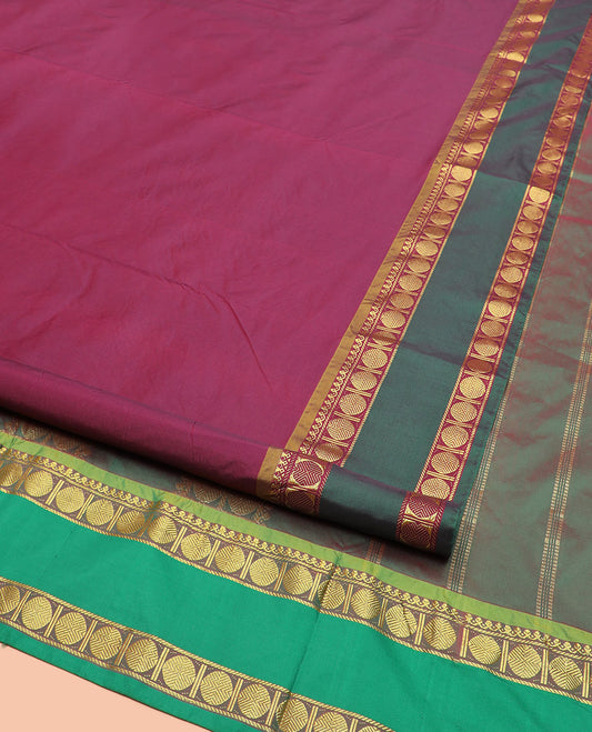 Wine Plain Ten-Yard Art Silk Saree, Complemented by a Contrast Traditional Zari Design Rettai Pettu Border of Rudraksham Motifs, and Pallu Featuring Rudraksham Designs