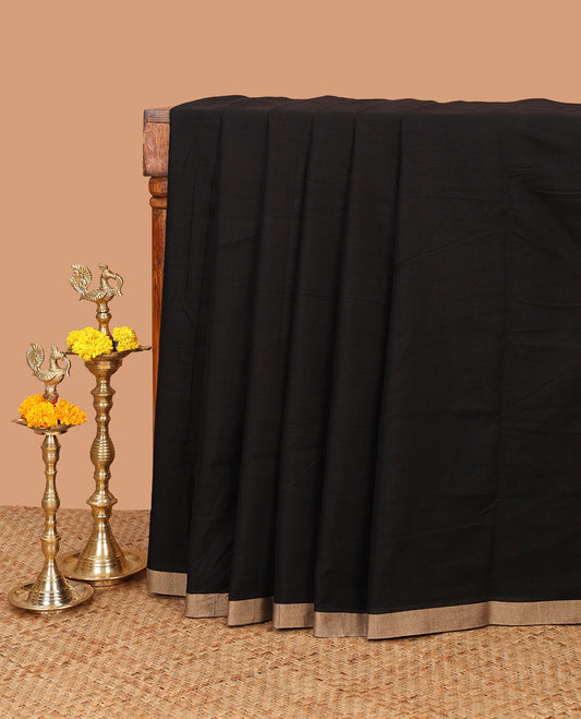 Black mercerised cotton saree with gold piping border & cheer pallu along with plain blouse