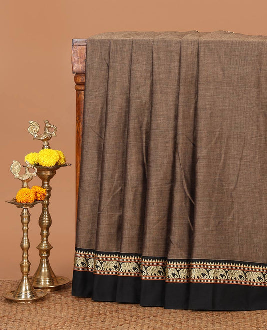 Brown plain design masraise cotton saree, contrast border of temple & elephant designs & striped pallu