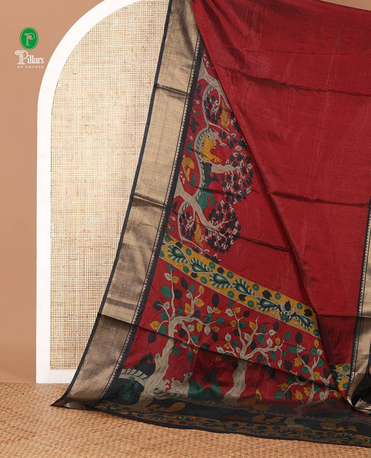 Red skirt-style kalamkari printed dola silksaree, contrast copper zari border,flora-fauna print pallu & zari border blouse