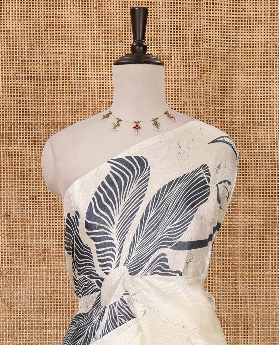 Borderless cream-grey batik-style floral printed khadi cotton saree, printed pallu & printed blouse