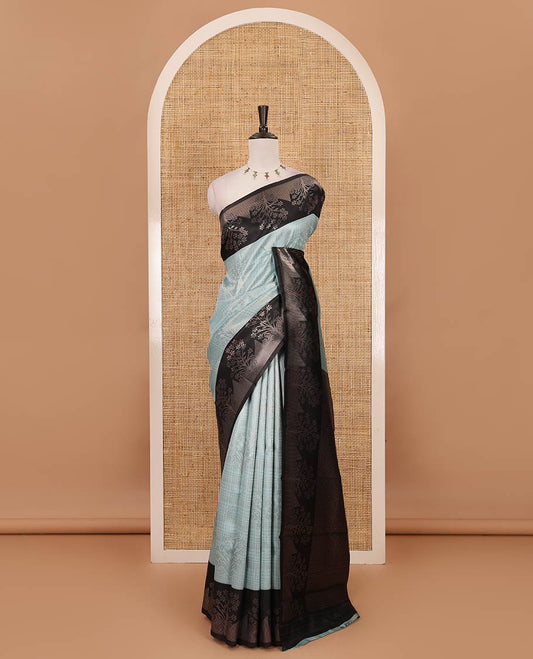 Pastel blue zari checked & floral buttas kanchi silk saree,contrast satin border of floral zari motifs,intrictae pallu & contrast plain blouse