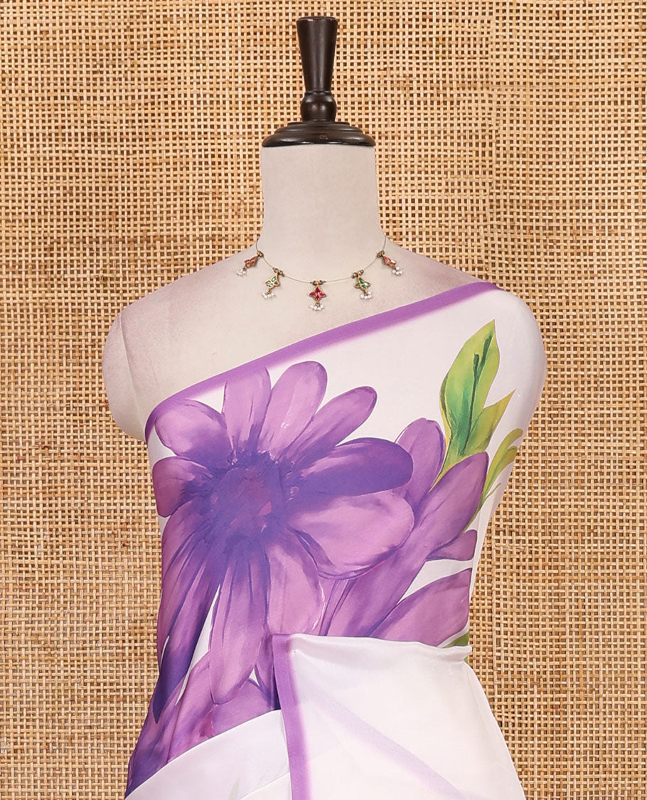 Cream base digital printed satin crepe saree with big lavender floral motifs all over the saree, plain lavender border & blouse