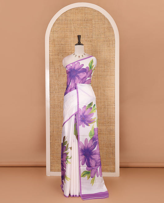 Cream base digital printed satin crepe saree with big lavender floral motifs all over the saree, plain lavender border & blouse
