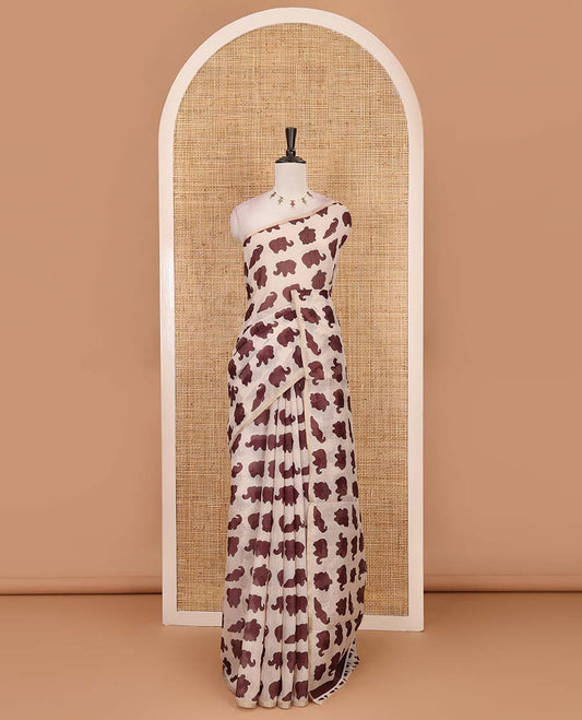 Borderless cream-brown elephant motifs printed linen cotton saree, matching elephant motifs printed blouse