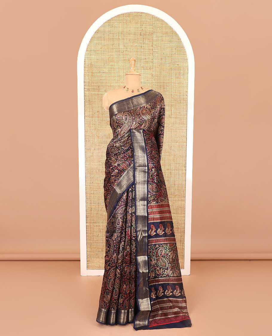 Navy blue paisley motifs printed green silk saree, traditional zari border, paisley printed pallu, and a matching blouse