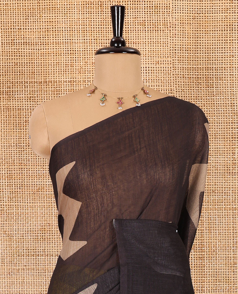 Borderless black-yellow zig-zag stripes half-and-half style printed linen cotton saree with a matching printed blouse