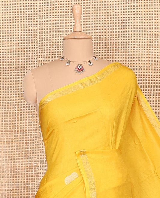 Yellow elephant motifs woven Russian silk saree, traditional motifs piping border, zari striped pallu, and a contrast buttas blouse
