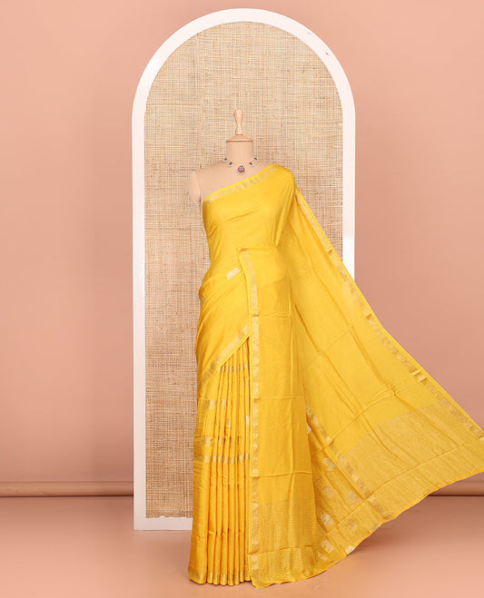 Yellow elephant motifs woven Russian silk saree, traditional motifs piping border, zari striped pallu, and a contrast buttas blouse