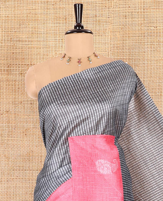 Grey and Pink Semi-Tussar Saree Embellished with Vertical Stripes Printed Across the Body, Featuring a Contrast Paisley Motif Printed Border, an Intricately Designed Pallu of Jaal Design, and Paired with a Contrast Blouse