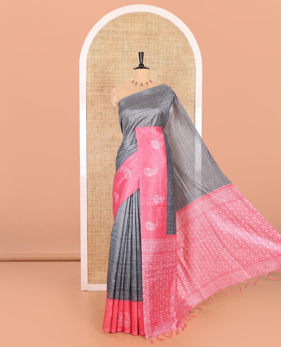 Grey and Pink Semi-Tussar Saree Embellished with Vertical Stripes Printed Across the Body, Featuring a Contrast Paisley Motif Printed Border, an Intricately Designed Pallu of Jaal Design, and Paired with a Contrast Blouse