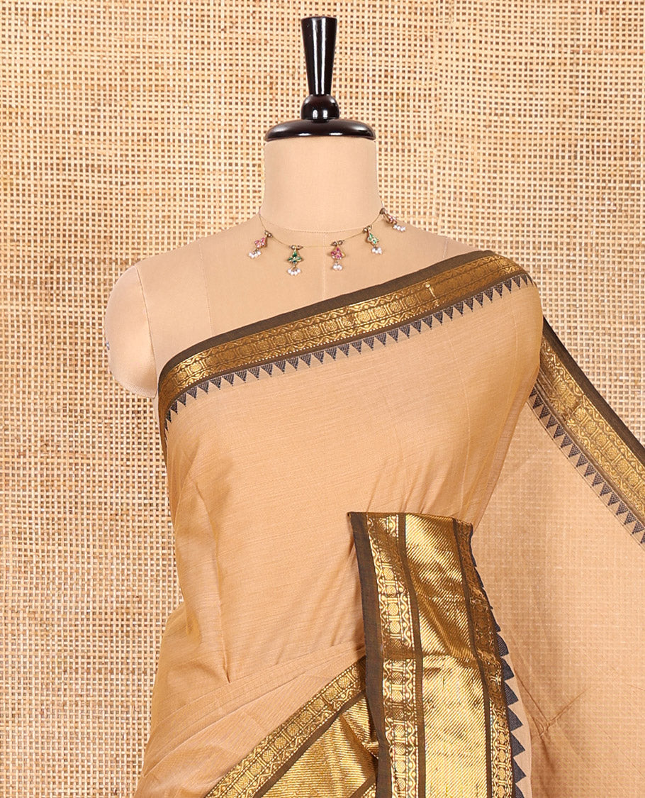 Sandal Plain Chettinad Cotton Saree, Complemented by Contrast Temple Border of Traditional Zari Designs, Subtly Striped Pallu, and Paired with a Matching Blouse